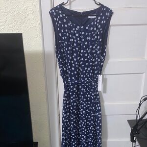 Nicole Miller Navy Blue & White Polka Dot Print Maxi Zip Up Dress With Tie